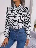Autumn And Winter Chic Color Contrast Striped Tie Lantern Sleeve Chiffon Shirt Women's Clothing