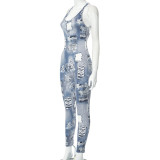 Sommer-Denim-Musterdruck, schmale Passform, niedriger Rücken, eng anliegende Freizeithose