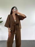 Women's Fashion Casual Loose Suit Plain Lace Up Three Quarter Sleeve Cardigan Trousers Two-Piece Set