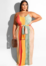 Летнее женское платье макси в полоску со свободным поясом и ремешком больших размеров