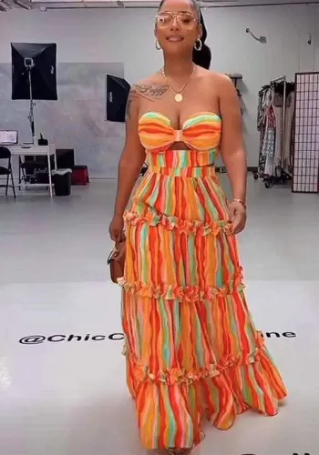 Women strapless striped print fashion Top and long skirt two-piece set