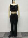Womens Pleated Patchwork Webbing Crop Top and Solid High Waisted Wide Leg Two-Piece Set