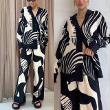 Women Turndown Collar Casual Print Long Sleeve Top and Pant Two-Piece Set