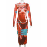 Women Fall Printed Long Sleeve Bodycon Maxi Dress