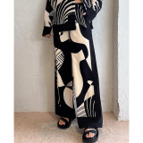 Women Turndown Collar Casual Print Long Sleeve Top and Pant Two-Piece Set