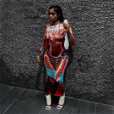 Women Fall Printed Long Sleeve Bodycon Maxi Dress