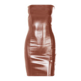 Women Sexy Strapless PU-Leather Bodycon Dress
