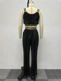 Womens Pleated Patchwork Webbing Crop Top and Solid High Waisted Wide Leg Two-Piece Set