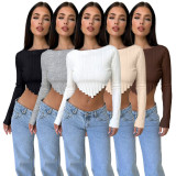 Women Sexy Solid Ribbed Long Sleeve Crop Top