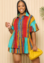 Womens Printed Color Block Patchwork Short Sleeve Shirt Dress