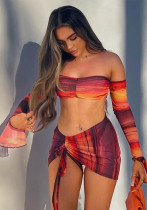 Vrouwen herfst print sexy geplooide top met lange mouwen en rok tweedelige set