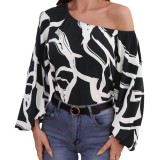 Women's Fashion Off Shoulder Loose Balloon Sleeve Printed Blouse Top