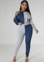 Women's Fall Shoulder Cutout Top Colorblock Metallic Trousers Casual Two Piece Set