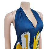 Women's Fashion Low Back Halter Neck Gown Print Maxi Dress