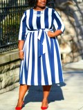 Summer Plus Size Elegant Chic Stripe Print Midi Dress