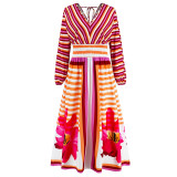 Autumn And Winter Women's Long-Sleeved V-Neck Big Swing A-Line Printed Dress Slim Retro Long Dress