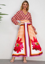 Осенне-зимнее женское платье с длинными рукавами и v-образным вырезом, большие качели, трапециевидное платье с принтом, тонкое длинное платье в стиле ретро