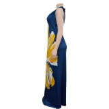 Women's Fashion Low Back Halter Neck Gown Print Maxi Dress