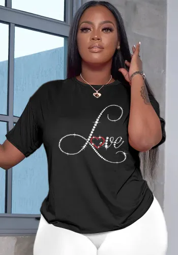 Fashion Ladies Letter Beaded Round Neck Short Sleeve Casual T-Shirt