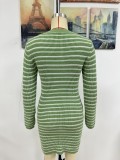 Autumn/Winter Round Neck Women's Knitting Dress Women's Contrast Color Striped Pullover Maxi Sweater Dress