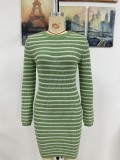 Autumn/Winter Round Neck Women's Knitting Dress Women's Contrast Color Striped Pullover Maxi Sweater Dress
