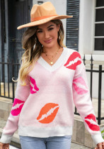 Autumn And Winter Lips Valentine's Day Sweater V-Neck Knitting Pullover Sweater