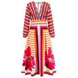 Autumn And Winter Women's Long-Sleeved V-Neck Big Swing A-Line Printed Dress Slim Retro Long Dress