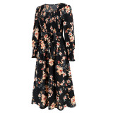 Fall Women's Vintage Long Sleeve Floral Midi Dress
