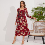 Fall Women's Vintage Long Sleeve Floral Midi Dress