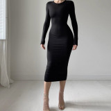 Chic Career Women's Solid Color Slim Round Neck Long Sleeve Dress Autumn Winter