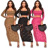 Women Sexy Ribbed Square Neck Long Sleeve Top and Hollow Skirt Two-piece Set