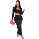 Women Sexy Ribbed Square Neck Long Sleeve Top and Hollow Skirt Two-piece Set