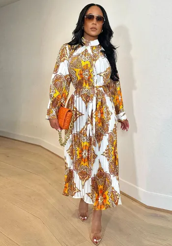 Women Autumn Printed Long Sleeve Pleated Dress
