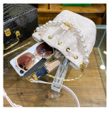 Women Lingge Bag Fashion Pearl Bucket Bag Shoulder Messenger Bag
