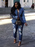 Women Button Denim Blazer Jacket