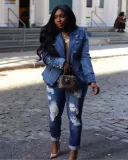 Women Button Denim Blazer Jacket