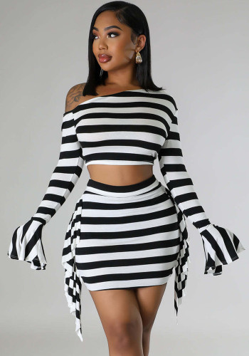 Women Slash Shoulder Black and White Stripe Bell Bottom Sleeve Top and Tassel Skirt Two-Piece Set