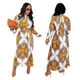 Women Autumn Printed Long Sleeve Pleated Dress