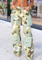 Lose gerade Camouflage-Patchwork-Taschen-Street-Cargo-Freizeithose mit hoher Taille