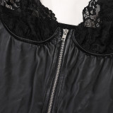 Sexy PU Leather Zipper Lace See-Through Straps Nightdress