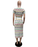 Women's Multi-Color Stripe Knitting Top Slit Skirt Two Piece Set