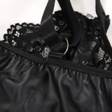 Sexy PU Leather Zipper Lace See-Through Straps Nightdress