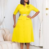 Women's Fall Solid Color V Neck Button Chic Elegant Plus Size Dress