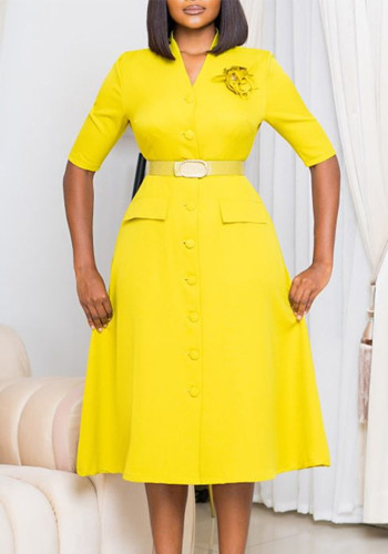 Kadın Sonbahar Tek Renk V Yaka Düğmeli Şık Zarif Büyük Beden Elbise