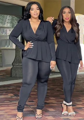 Africa Plus Size Women's Deep V Neck Long Sleeve Pencil Pant Set