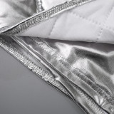 Women's Fall/Winter Shiny Tight Fitting Wrap Zipper Top Shorts Casual Two Piece Set