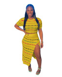 Women's Multi-Color Stripe Knitting Top Slit Skirt Two Piece Set