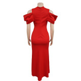 Women's Fashion Solid Color V-Neck Pleated Slit Maxi Dress