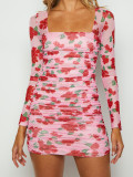 Flower Print Fashion Summer Women's Long Sleeve Square Neck Pleated Slim Bodycon Dress