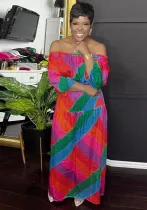 Women Sexy Print Off Shoulder Long Sleeve Dress